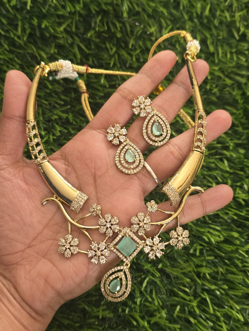 Gold-Tone Floral Necklace & Earrings Set with Mint Green Stones